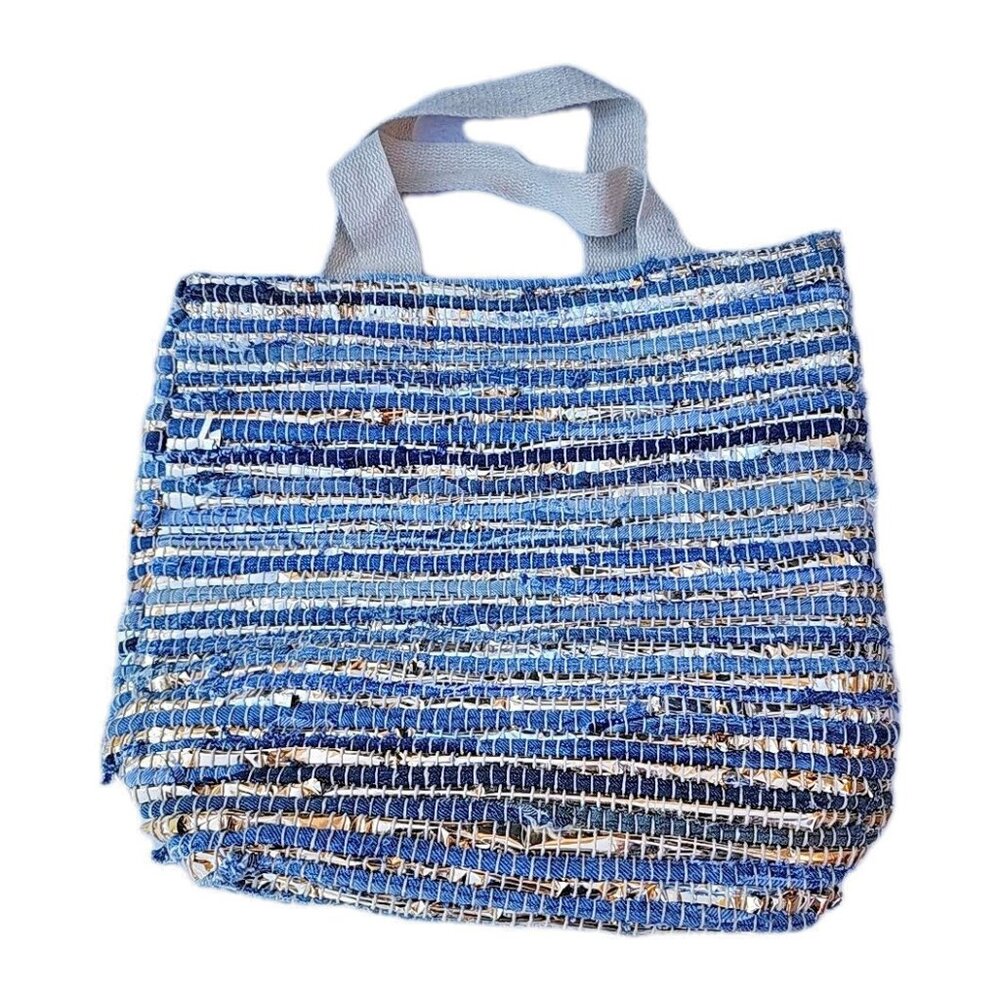 Blue Jean Denim Upcycled Gold String Handmade Boho Dbl Handle Beach Shopper Bag